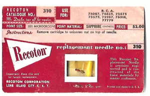 VINTAGE RECOTON 310 SAPPHIE for R.C.A. PHONOGRAPH NEEDLE NEW SEALED-BOX - Picture 1 of 1