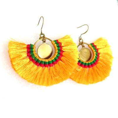 Boho Statement Silk Tassel Earrings Yellow Fan Fringe Dangle Drop Gold Tone Hook - Image 1 of 4