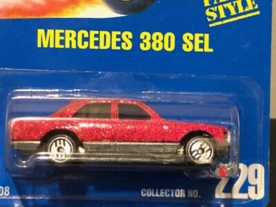 Hot Wheels Mercedes 380 SEL, UH Rims, #229, Dark Pink Variation, Blue Card, NEW - Image 1 of 3
