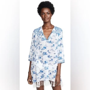 Roller Rabbit Surf Toile Serafina Tunic Top beach Coverup Tassels Blue XS $148 - Picture 1 of 9