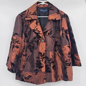 Susan Graver Style Blazer Women 1X Brown 3/4 Sleeve Velour Floral Shiny Evening - Picture 1 of 11