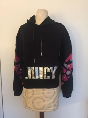 Nuevo Juicy Couture Sudadera con Capucha Negra De Gran Tamaño Terciopelo Detalles Florales Sudadera Talla S Foto 1 de 4
