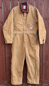 VTG Carhartt Coveralls X01 BRN Red Quilted Lining Mens Size 40 Short Made In USA - Picture 1 of 16