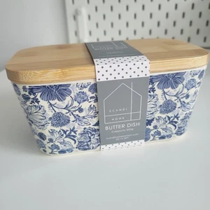 NEW Scandi Home Floral Navy Cream Butter Dish with Wooden Lid 500g Capacity Rare - Picture 1 of 10