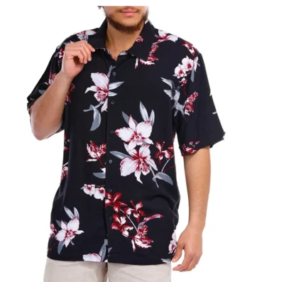 CUBAVERA 男式黑色花卉纽扣 S/S 衬衫尺寸 M CUWFE015BE 全新带标签 — 第 1/4 张图片