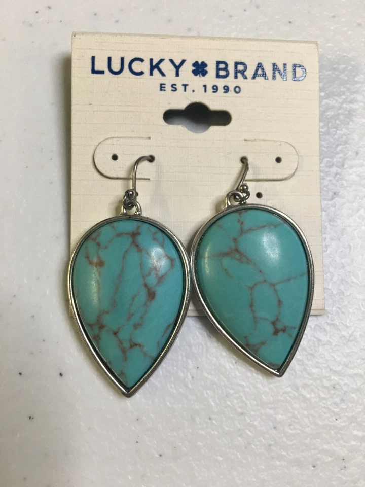 Brincos Silvertone novos em folha Lucky Brand turquesa lágrima caída - Imagem 1 de 4