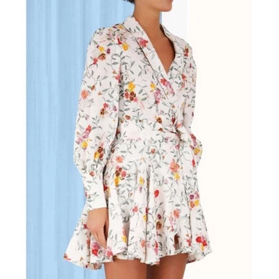 Zimmermann Wrap Mini Dress in Elka Vine Ivory Floral linen Long Sleeve Belted 1 - Image 1 of 4
