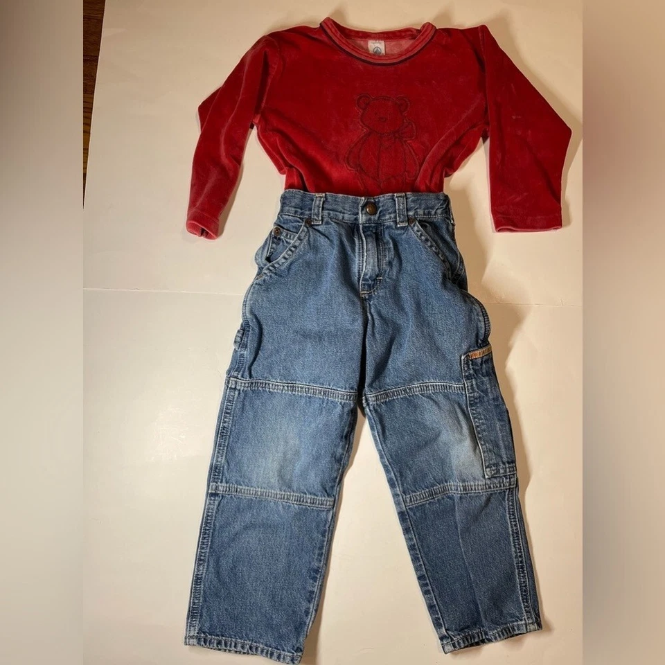 Conjunto de jeans y camisa de peluche para niños talla 4 petit bateau / Oshkosh juego escolar  Foto 1 de 4