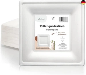 wisefood Zuckerrohr Teller - 50 Stück Bagasse Einwegteller quadratisch 16cm - - Bild 1 von 7