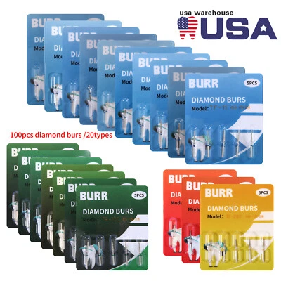 US 100pcs Dental Diamond Burs Kit for High Speed Handpiece Medium FG 1.6MM - Image 1 of 4