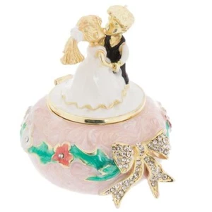 Bride Groom Wedding Newlywed Metal Hinged Enamel Trinket Box Gift - Picture 1 of 2