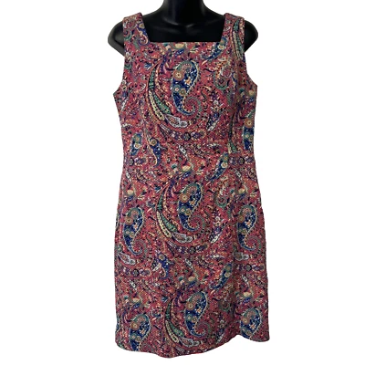Talbots Dress Woman Sz 10 Coral & Blue Lined Textured Paisley Sheath Sleeveless - Image 1 of 4