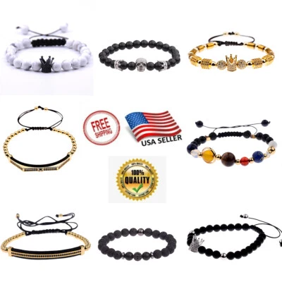 Brazalete brazalete de cadena dorada piedra lava negra de 7 chakras para hombre joyería regalo EE. UU. Foto 1 de 4