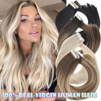 Traceless Tape In Remy Human Hair Extensions Stick Thick Glue Invisi Weft 12-24" - Image 1 of 4