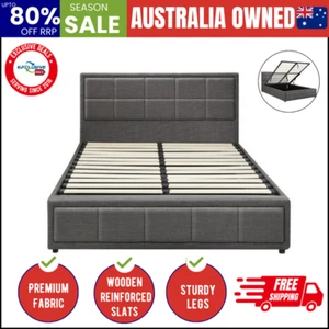 Double Bed Frame Gas Lift Storage Base Fabric Grey - Picture 1 of 9