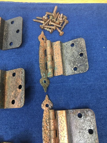 Lot of 8 Copper Vintage Spade Cabinet Door Hinges w Screws reclaimed working Cover