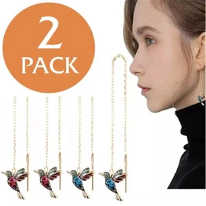 2x Wholesale Hummingbird Earrings Stud Threader Long Drop Tassel Crystal Dangle - Picture 1 of 7