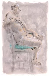 Lois Davis Male Nude in Chair Watercolor Painting Listed Indiana Artist 22 x 14 - Picture 1 of 4