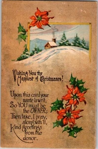 Wishing You A Happy Christmas Vintage Postcard Poinsettias Church Snow - Foto 1 di 2