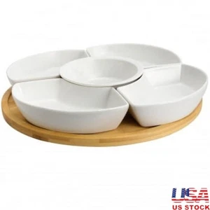 Elegant Lazy Susan Appetizer & Condiment Serving Set 7 Piece Stoneware Bowls New - Picture 1 of 5