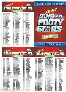 2016 Select Footy Stars CHECK LISTS (4 cards) - Picture 1 of 1