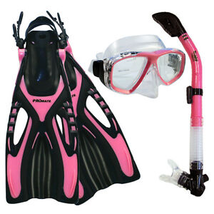 NEW Lady Snorkeling Mask Dry Snorkel Fins Flippers Gear Package Combo Set