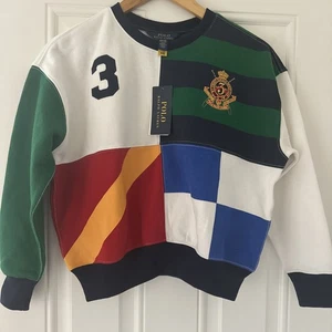 Ralph Lauren Polo Crest Logo Color Block Sweatshirt Kids 8 10 M Preppy NEW - Picture 1 of 7