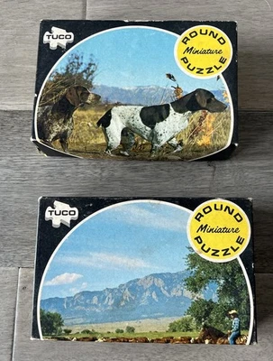 Vintage 2 Tuco Round Mini Puzzles 6"  55+ pc Complete Hunting Dog Cattle Drive - Image 1 of 4