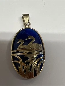 Vintage 14k Blue Lapis Duck Scene Pendant - Picture 1 of 5