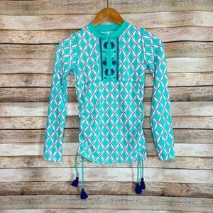 Cabana Life Blue Embroidered 1/4 Zip Ruched Side Tassel Rash Guard Top Size 12 - Picture 1 of 7