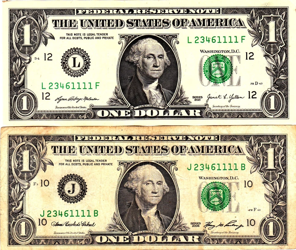 $1 2021  2006  Fancy Serial MATCHING QUAD  SERIALS L23461111F  J23461111B - Image 1 of 1