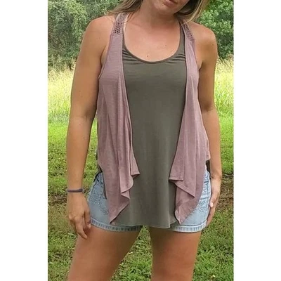 Self Esteem embroidered open knit raceback handkerchief vest taupe tan small - Image 1 of 3