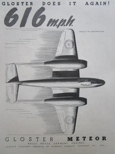 9/1946 PUB GLOSTER FLUGZEUG METEOR WELTREKORD 616 MPH ROLLS DERWENT ENGINES AD - Bild 1 von 1