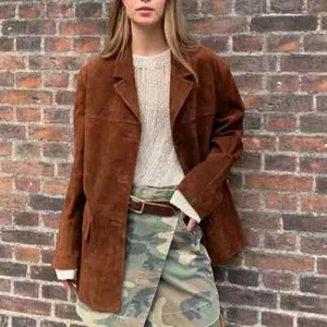Women's Suede Leather Jacket Blazer Long Tan/Brown Button Down Coat - Picture 1 of 6