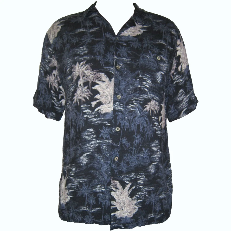 XL Black Hawaiian Moonlight Palms Nighttime Aloha Rayon Shirt Montage Collection - Image 1 of 4