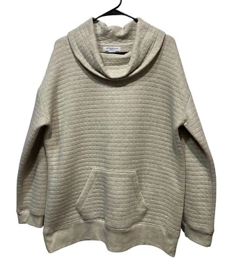 Liz Claiborne Mujer Sudadera Canguro Bolsillo Capucha Cuello Grande Beige Largo Slv Foto 1 de 4