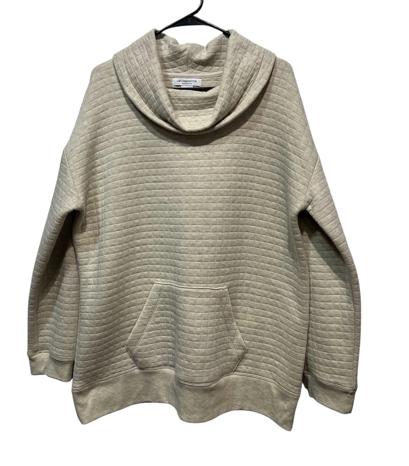 Liz Claiborne Women Sweatshirt kangaroo pocket Cowl Neck Large Beige Long Slv - Image 1 of 4