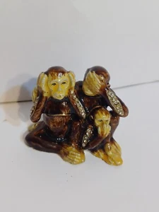 Kingspoint Design Enamel Crystal Hear speak See No Evil Wise Monkey Trinket Box - Picture 1 of 5
