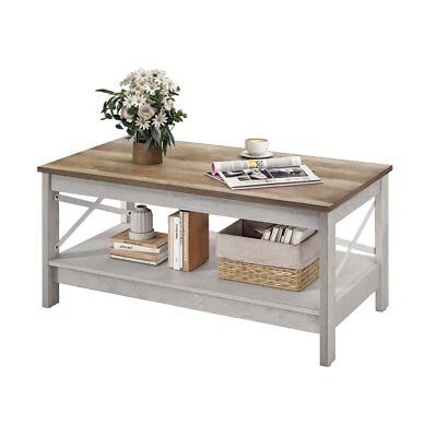 2 Tier Wood Coffee Table with Storage Shelf Modern Center Table Living Room - Image 1 of 4