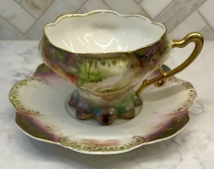 Tazza e piattino con piedini R S Prussia dipinti a mano - Foto 1 di 3