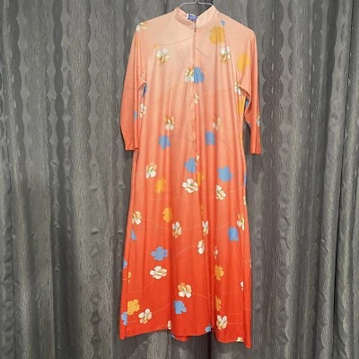 VTG Travel-Lite by Boutique Orange Ombre Leaf Gown Negligee READ Peach Robe - Image 1 of 4