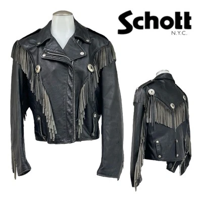 Vintage 80s SCHOTT NYC Womens 12 Leather Jacket Fringe Concho Biker Southwestern - Image 1 of 4