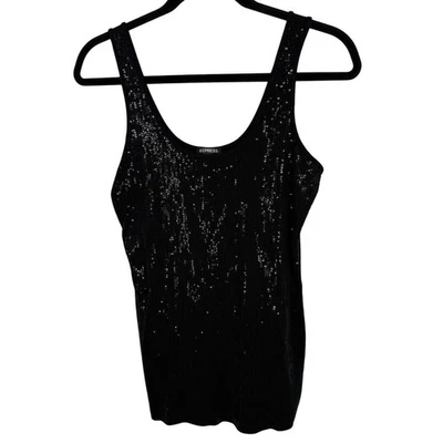 Camiseta sin mangas Express de lentejuelas para mujer talla grande negra cuello redondo Pullover Foto 1 de 4