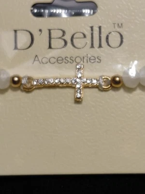 D'Bello Accessories - Rhinestone Cross Adjustable Bracelet  w White, Gold Beads - Image 1 of 4
