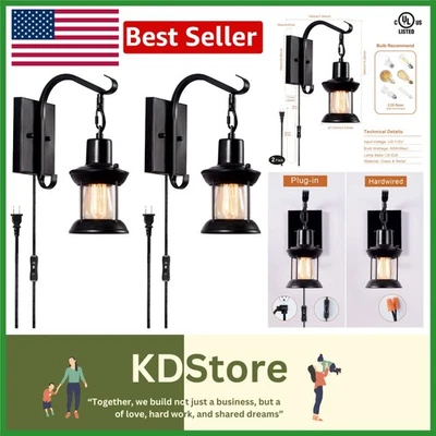 Vintage Rustic Wall Lamps – 2-Pack Black Farmhouse Sconces for Indoor & Outdo... - Image 1 of 4