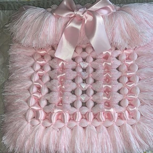 Baby Girl pom pom pram cover topper. Pink. Princess Ribbon 24 X 19 - Picture 1 of 7