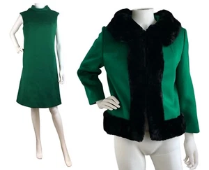 Vintage 1960s Dress Jacket Set Green Wool Lined Fur Trim Jacket w/ Dress Small - Picture 1 of 10