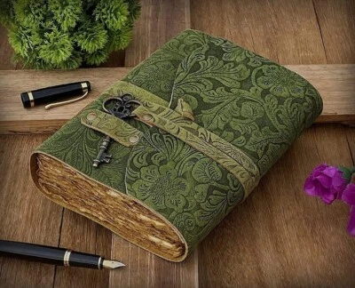 Handmade Green Leather Journal | Floral Vintage Spell Book of Shadows Notebook - Image 1 of 4