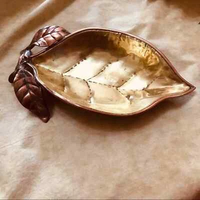 Brass with Copper trim leaf shaped dish for decor or serving. Heavy 9”x 5” - Image 1 of 4