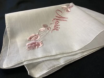 #6806🌟Pañuelo de boda vintage de satén brillante con monograma nombre “MARIE” de los años 40 Foto 1 de 4